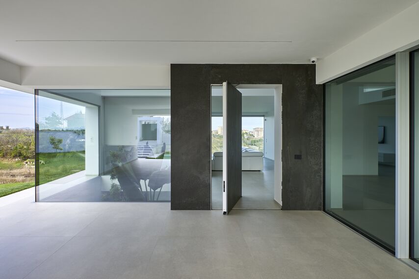 Puerta panelada pivotante en aluminio.