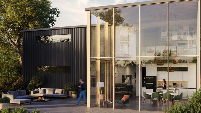 Render arquitectónico de una casa particular moderna con fachada de vidrio de suelo a techo.