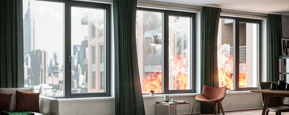 Windows with a fire outside